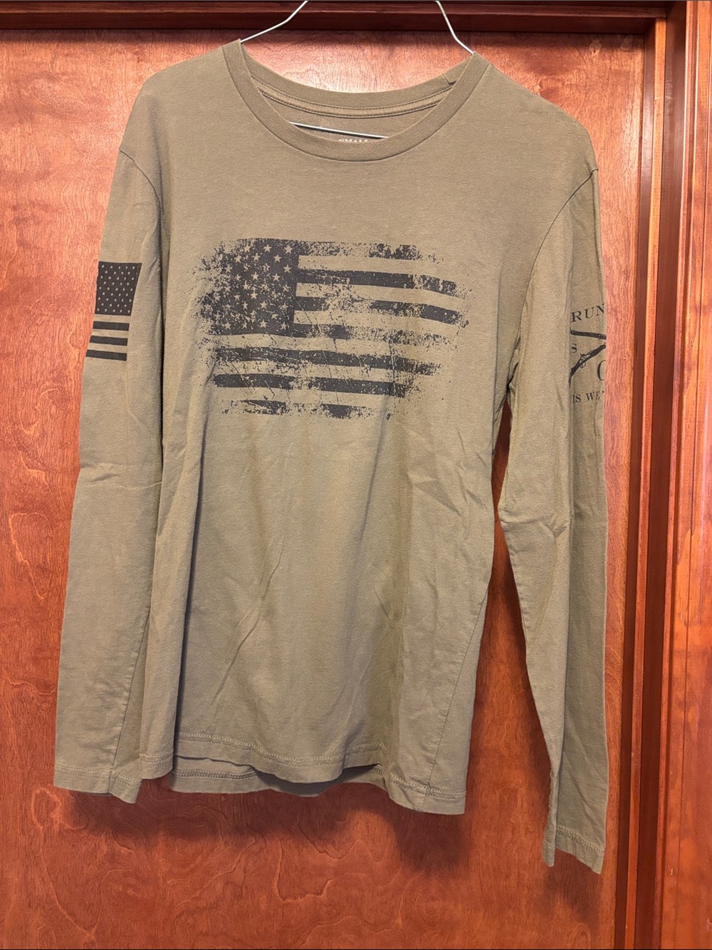 Grunt Style Olive Green Long Sleeve Tee with Distressed Black Flag